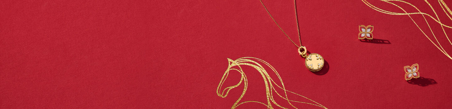 Jewellery from Maison Birks on a red background with a horse illustration.